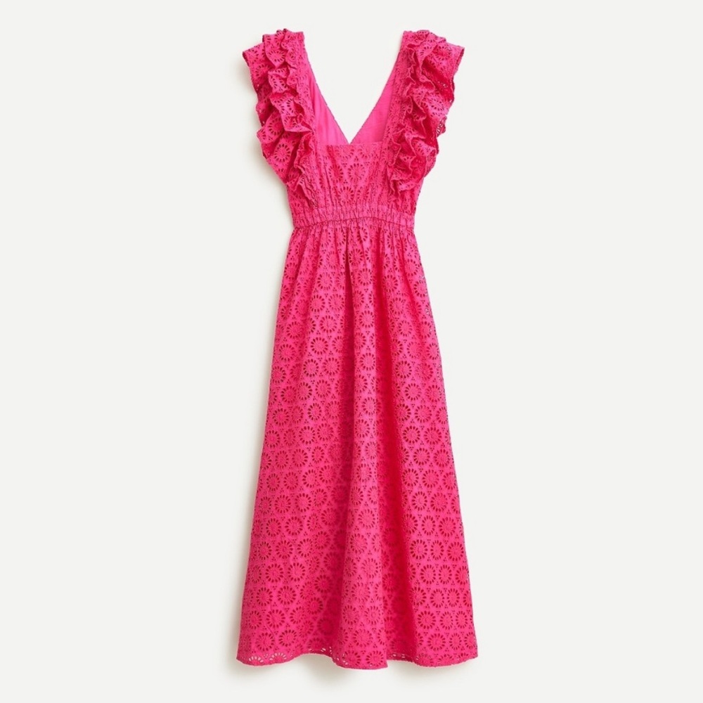 J Crew Pink Eyelet Ruffle Sleeve Maxi Dress